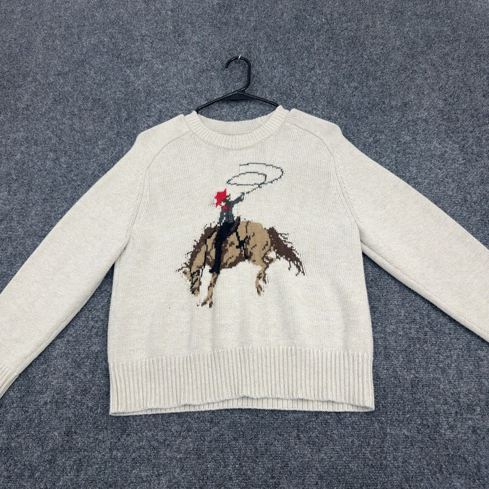 Abercrombie & Fitch Sweater Mens S Cream Cotton Cowboy Graphic Western Rodeo